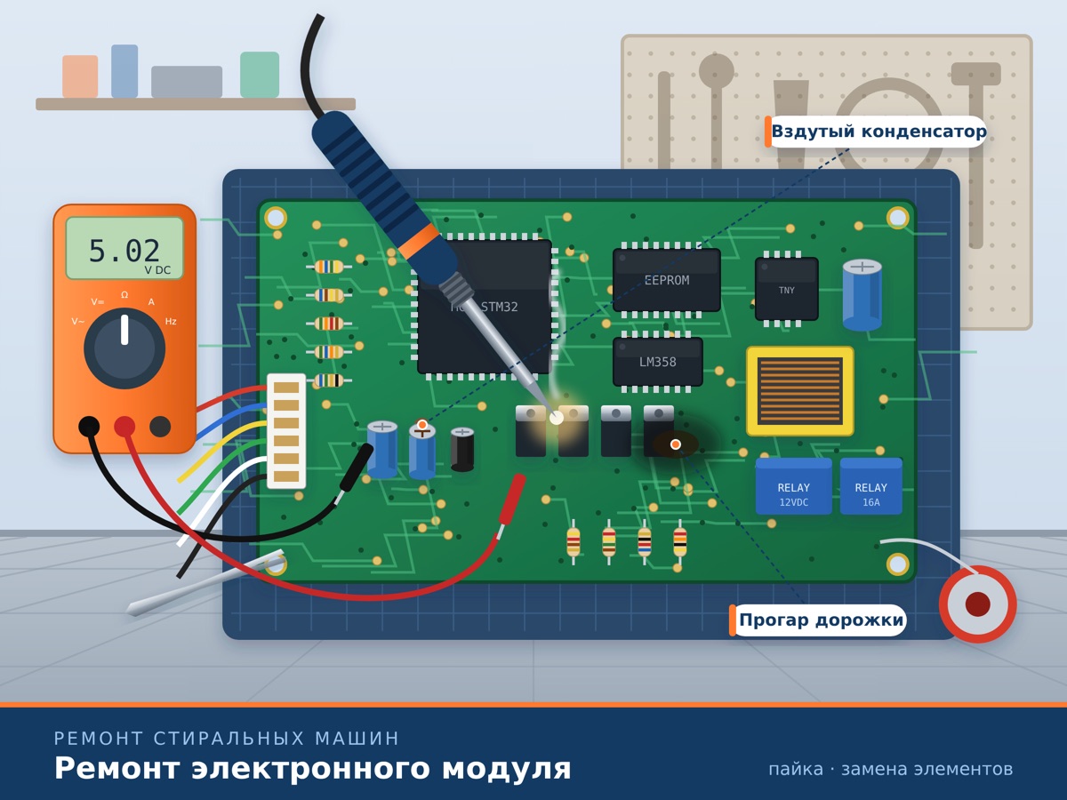 Схема ремонта модуля управления стиральной машины: вздутый конденсатор и прогар дорожки платы